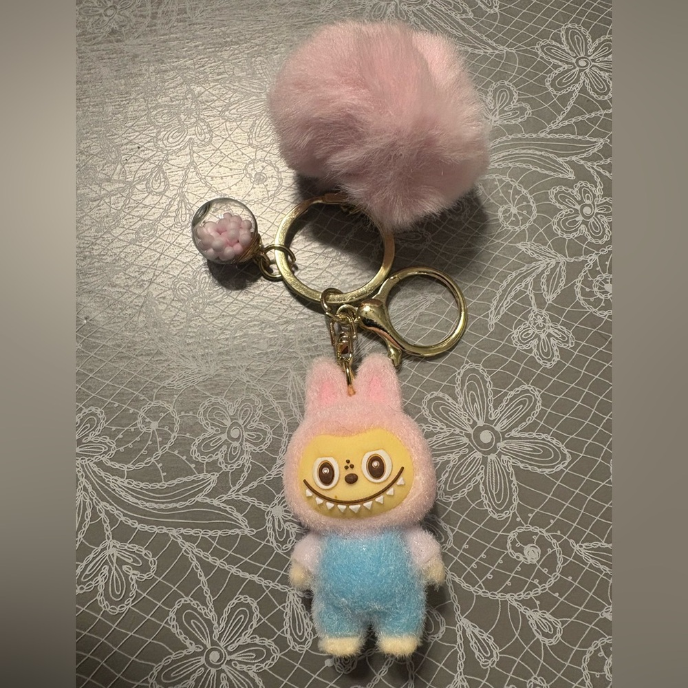 Labubu Pink and Blue Standing Keychain with Charm & Pompom